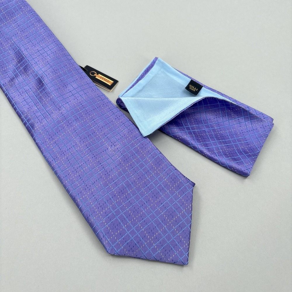 Zilli Tie Pocket Square Set Mens Purple Check 100% Silk Handmade NEW Luxury